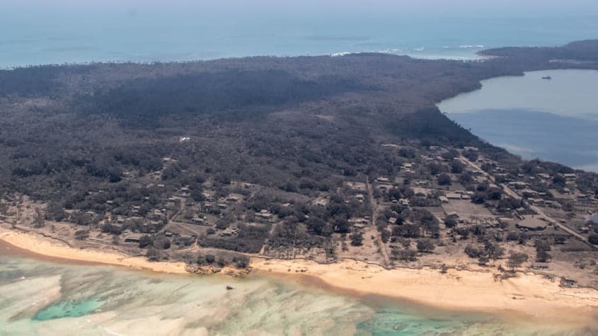 The view of Nomuka, Tonga, after Saturday's volcano eruption and tsunami.