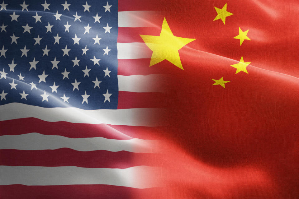 Flag of United States of America against China - indicates partnership, agreement, or trade wall and conflict between these two countries