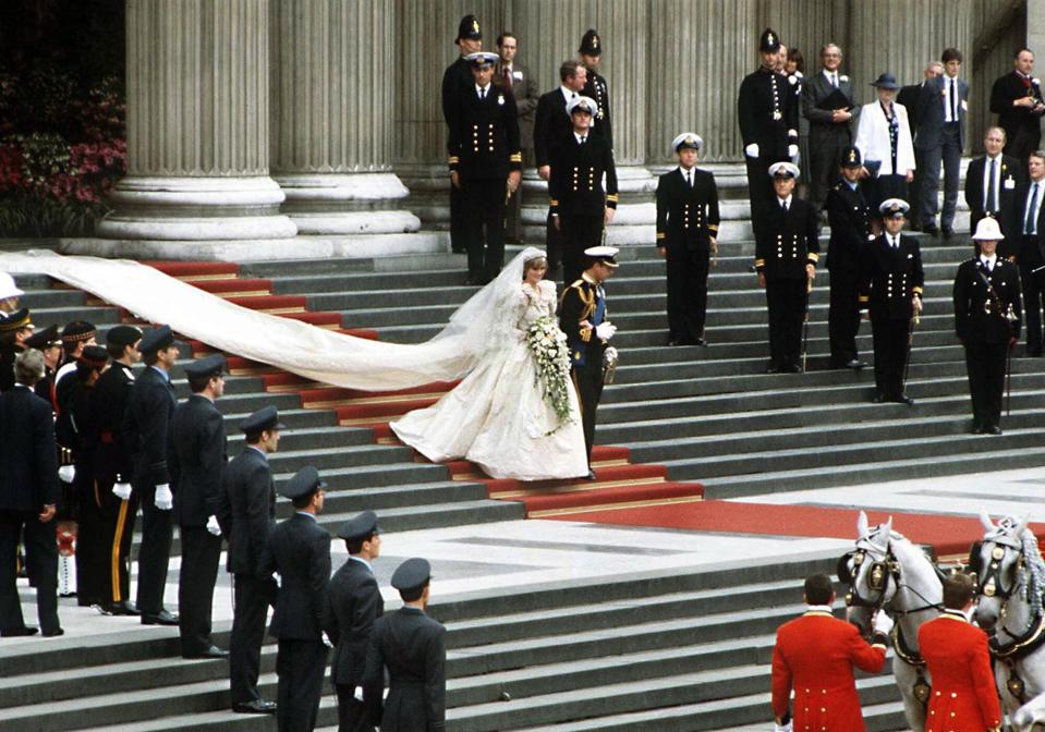 The Prince and Princess of Wales leave St Paul's Cathedral on their wedding day, 29th July 1981