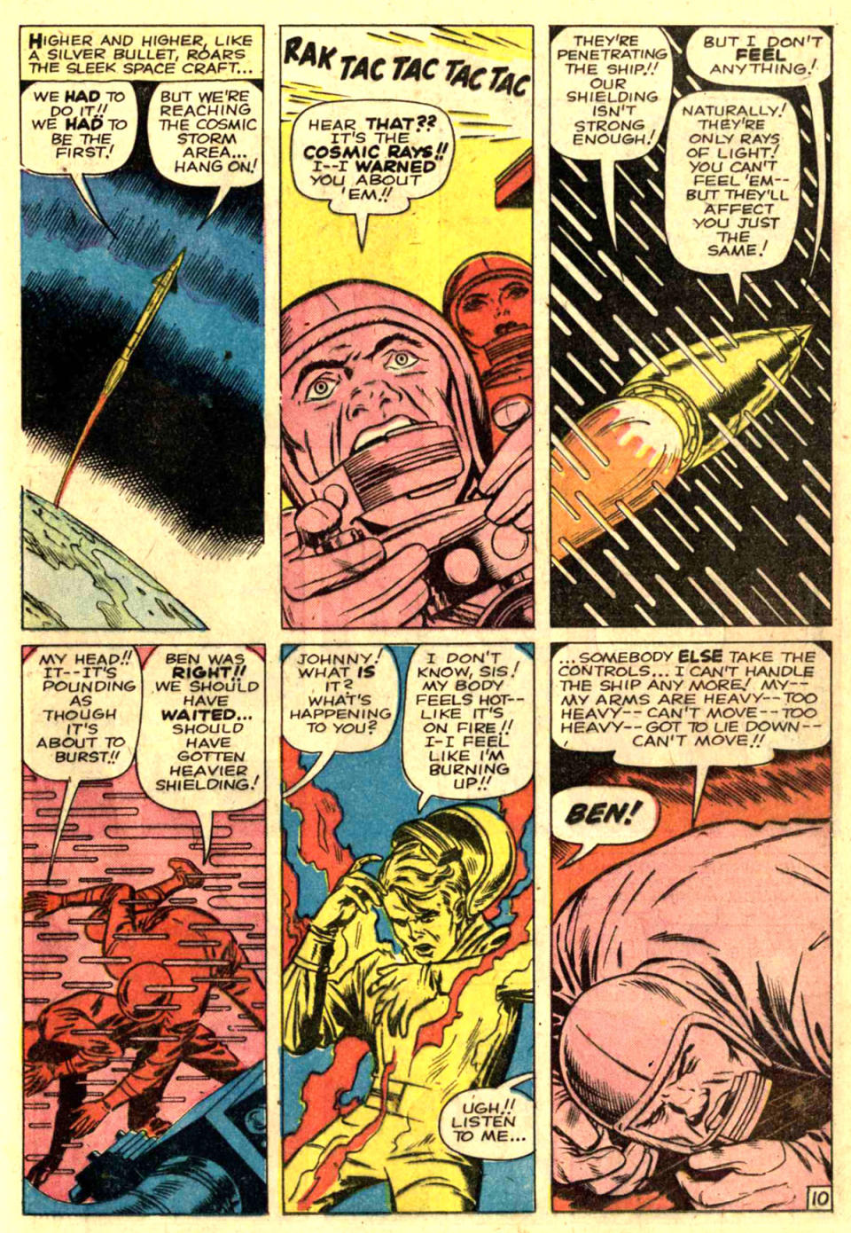 A series of comics panels show cosmic rays hitting the Fantastic Four
