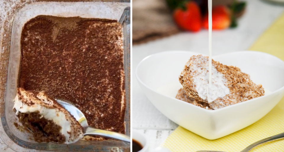 A Tiramisu in a dish on TikTok with a spoon scooping the corner out, and a white bowl on the right with two weet-bix with milk being poured ontop.