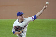 Texas Rangers starting pitcher Kolby Allard throws a pitch in the first inning against the Oakland Athletics in a baseball game Thursday, June 24, 2021, in Arlington, Texas. (AP Photo/Louis DeLuca)