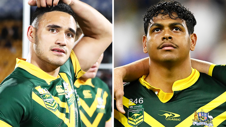 Valentine Holmes reacts and Selwyn Cobbo lines-up for the national anthem.