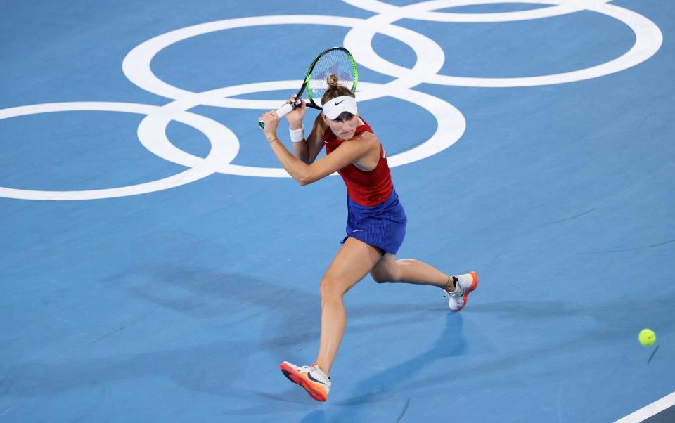 Marketa Vondrousova of Team Czech Republic plays a backhand during her Women's Singles Third Round match against Naomi Osaka of Team Japan on day four of the Tokyo 2020 Olympic Games at Ariake Tennis Park on July 27, 2021 in Tokyo - GETTY IMAGES