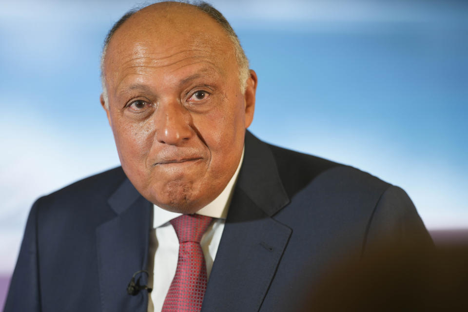 Egyptian Minister of Foreign Affairs Sameh Shoukry poses for media after an interview with the Associated Press at the World Economic Forum in Davos, Switzerland, Monday, May 23, 2022. The annual meeting of the World Economic Forum is taking place in Davos from May 22 until May 26, 2022. (AP Photo/Markus Schreiber)