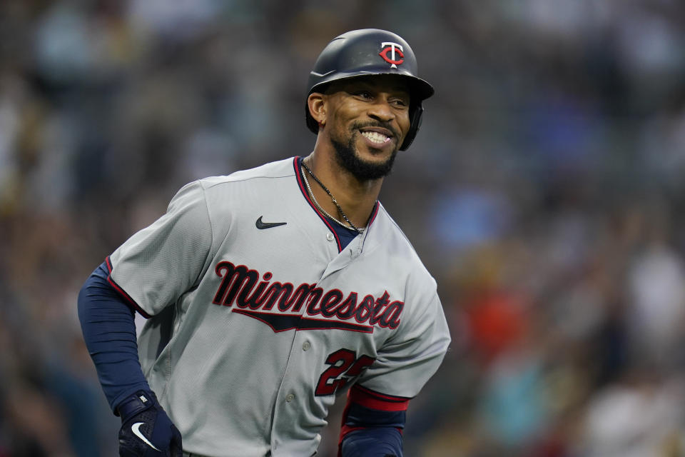 Minnesota Twins' Byron Buxton reacts after hitting a home run during the fourth inning of a baseball game against the San Diego Padres, Friday, July 29, 2022, in San Diego. (AP Photo/Gregory Bull)