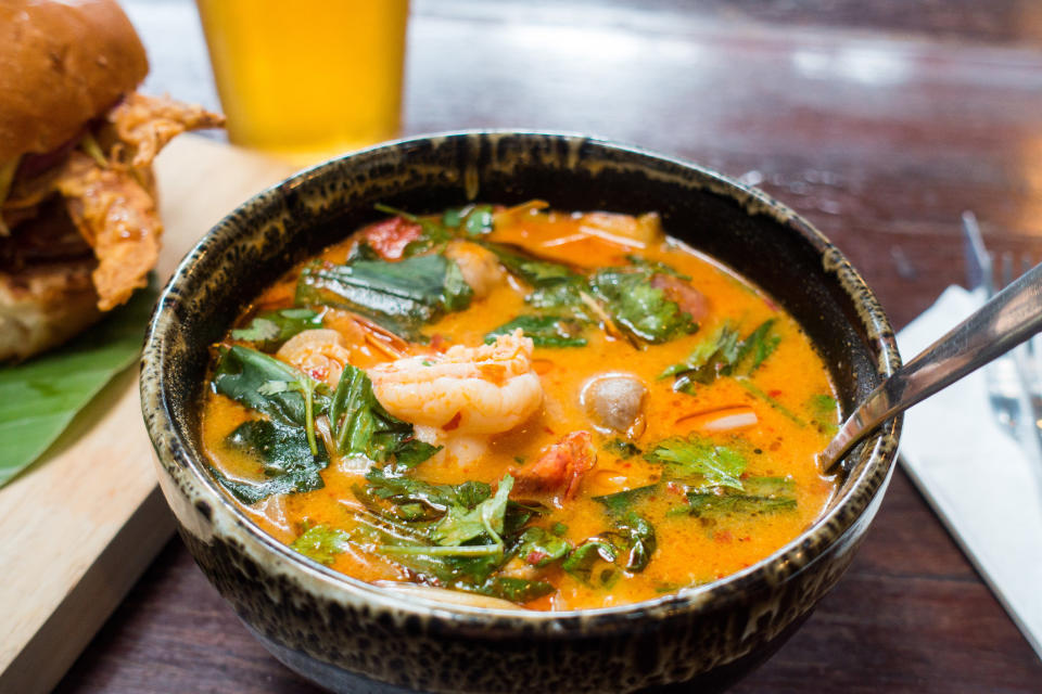 A bowl of seafood curry.