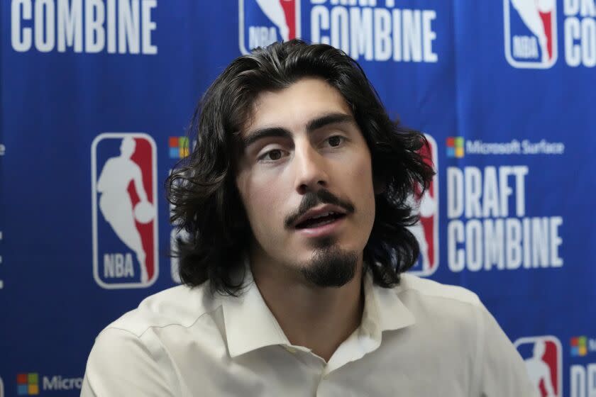 Jaime Jaquez Jr., talks to the media during the NBA Draft Combine in Chicago