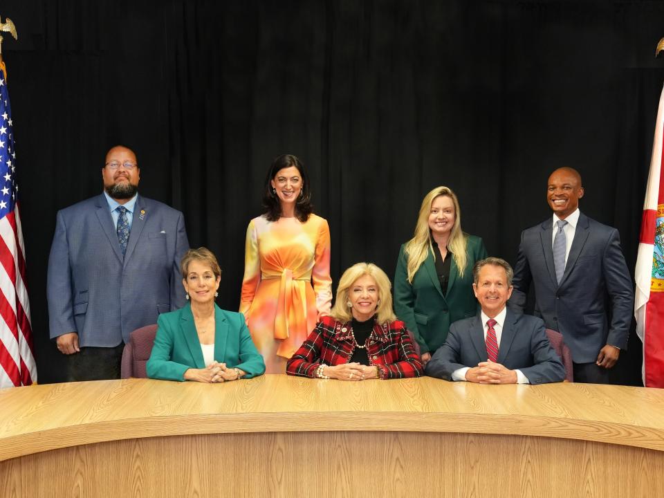 Palm Beach County's seven county commissioners, clockwise from top left: Michael Barnett, Marci Woodward, Sara Baxter, Mack Bernard, Gregg Weiss, Maria Sachs, Maria Marino.