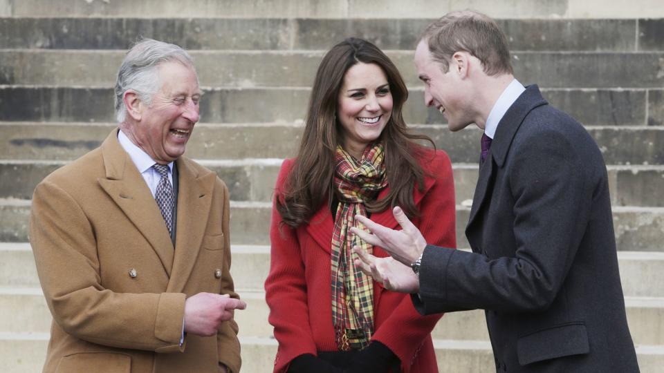 Prince Charles, Prince of Wales, known as the Duke of Rothesay, Catherine, Duchess of Cambridge, known as the Countess of Strathearn, and Prince William, Duke of Cambridge, known as the Earl of Strathearn, when in Scotland during a visit to Dumfries House on March 05, 2013 in Ayrshire