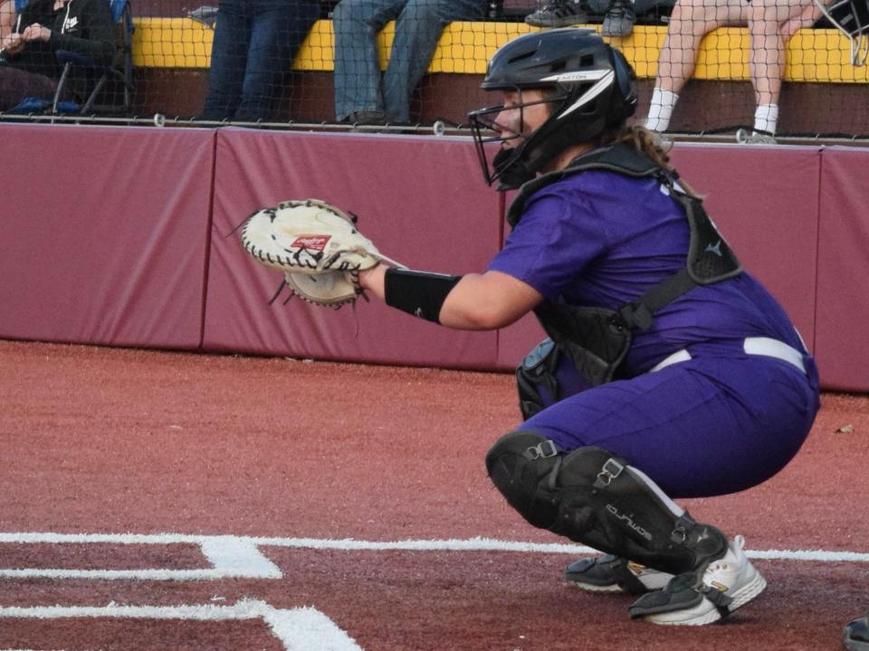 Bloomington South catcher Tiffany Sowder sets up to receive a pitch during the first inning of the Panthers' first round sectional game against Shelbyville. (Seth Tow/Herald-Times)