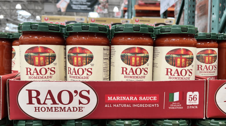 Rows of two packs of Rao's Marinara Sauce in Costco 
