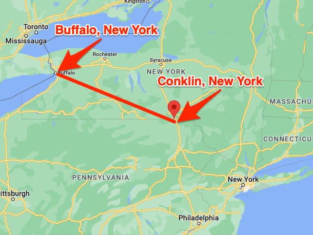 The suspected shooter traveled approximately 200 miles between Conklin, New York and Buffalo, New York.