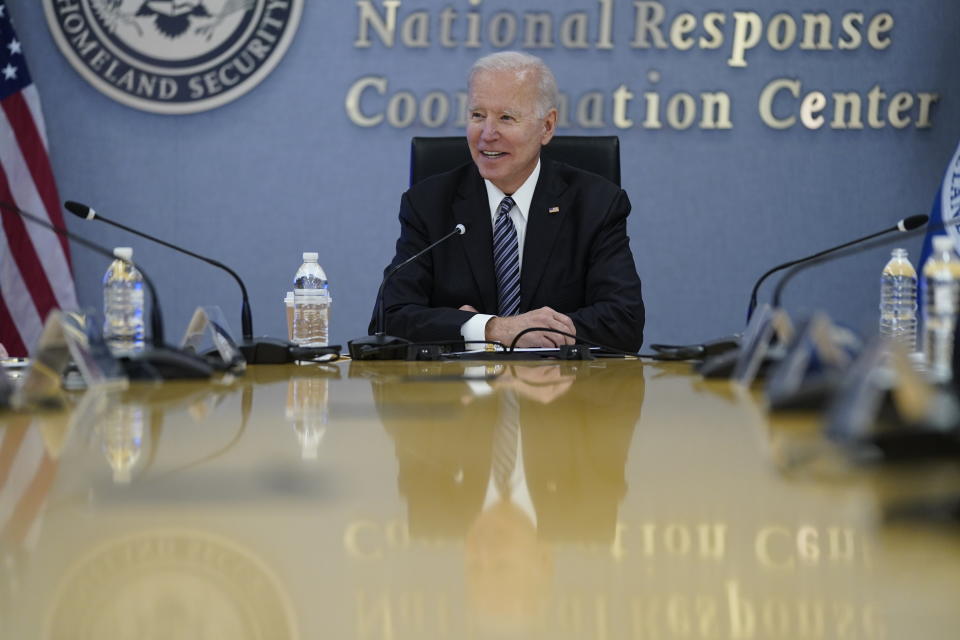President Joe Biden participates in a briefing on the upcoming Atlantic hurricane season, at FEMA headquarters, Monday, May 24, 2021, in Washington. (AP Photo/Evan Vucci)