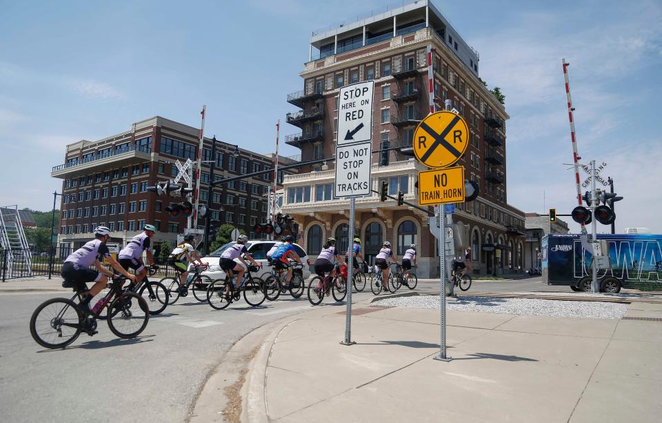 Members of the RAGBRAI route inspection team roll out of Muscatine during the pre-ride on June 10, 2023. Muscatine residents will participate in a home decorating contest for the event, with top prize taking home $500.