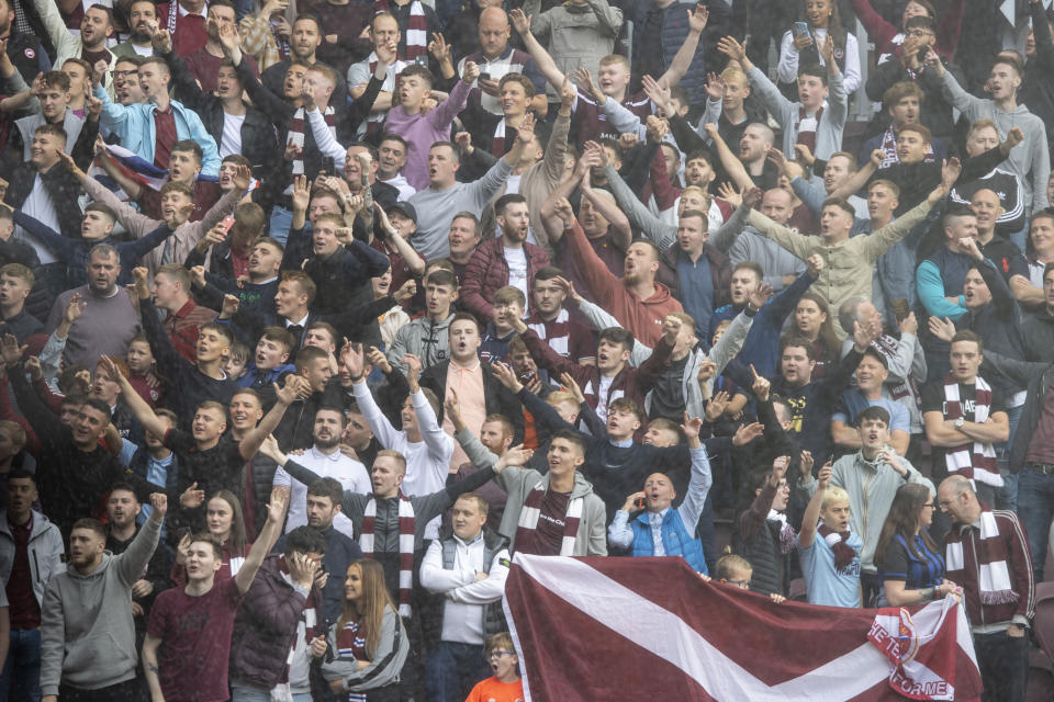 <p>Heart of Midlothian fans during the cinch Premiership match at Tynecastle Park, Edinburgh. Picture date: Sunday September 12, 2021.</p>
