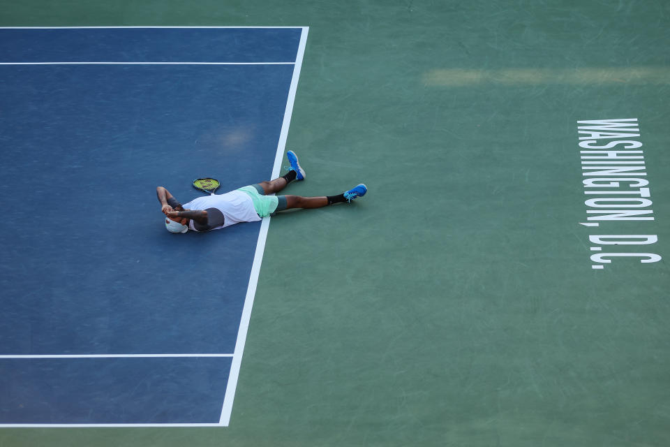 Nick Kyrgios, pictured here celebrating after winning match point in the Citi Open final.