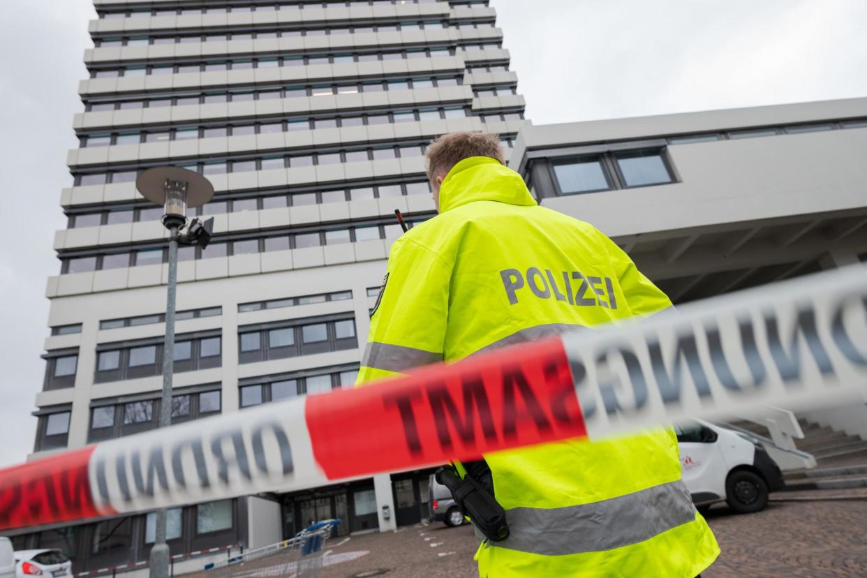 A file photo of police in western Germany. Twenty-nine German officers have been suspended for sharing neo-Nazi images: Oliver Dietze/DPA/AFP via Getty Images