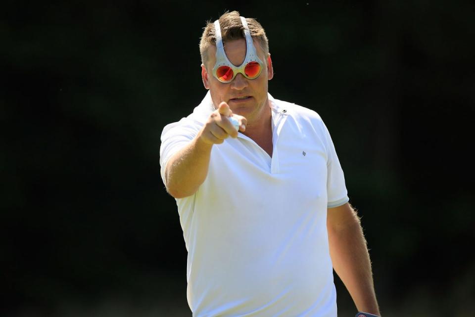 Swedish golfer Jarmo Sandelin of Sweden wears Oakley’s OVERTHETOPS at a competition in Denmark in 2018. 