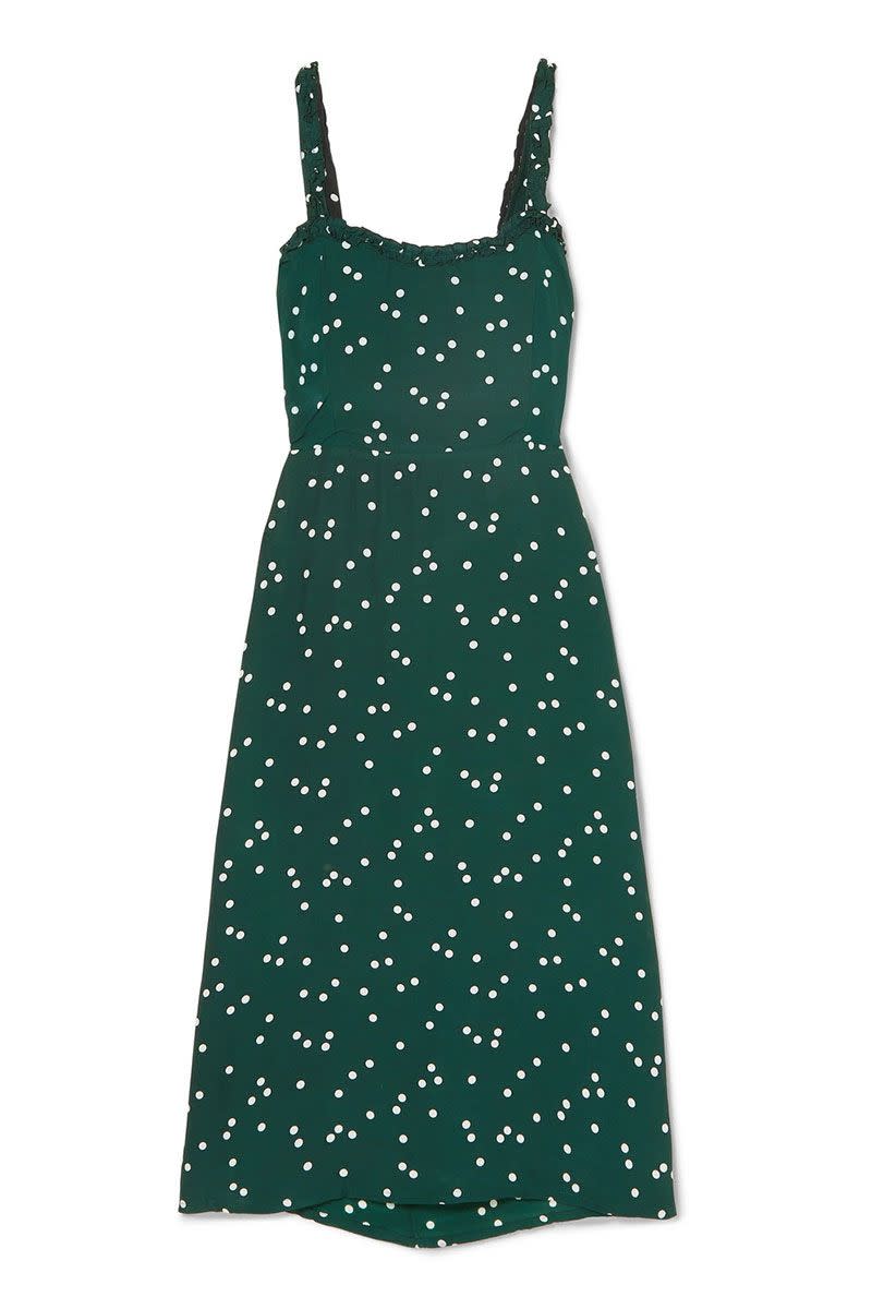 <p>Green midi-length polka dot dress - £168</p><p><a class="link " href="https://www.net-a-porter.com/gb/en/product/1117497/faithfull_the_brand/gizele-cutout-polka-dot-crepe-midi-dress" rel="nofollow noopener" target="_blank" data-ylk="slk:SHOP NOW;elm:context_link;itc:0;sec:content-canvas">SHOP NOW</a></p>