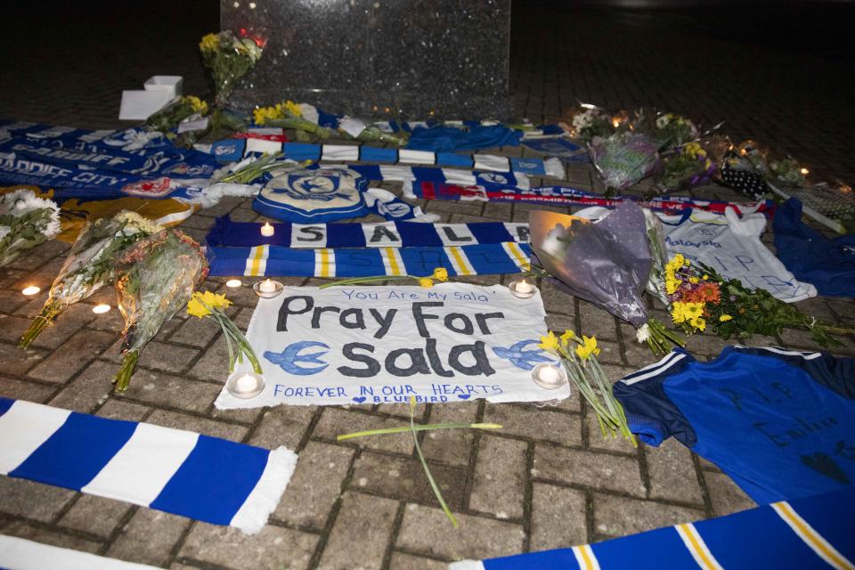 <p>‘Pray for Sala’ sign outside the Cardiff City Stadium (Getty Images) </p>