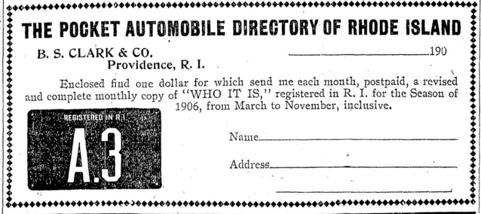 A 1906 ad for "Who It Is," the Rhode Island Automobile Directory, that appeared in The Providence Journal.