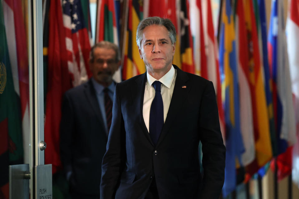 U.S. Secretary of State Antony Blinken speaks to the media after attending the 10th annual review of the Nuclear Non-Proliferation Treaty at U.N. headquarters on August 1, 2022 in New York City. / Credit: Getty Images