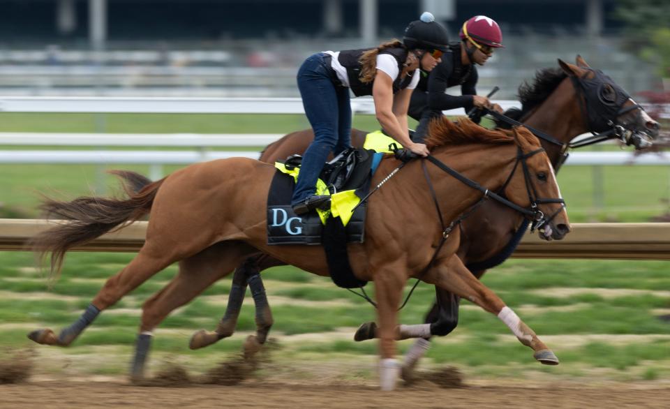 Kentucky Derby hopefuls Society Man, left, and Dornoch get in a final workout one week before the race at Churchill Downs.