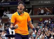Sept 9, 2018; New York, NY, USA; Juan Martin del Potro of Argentina celebrates a winner against Novak Djokovic of Serbia in the 3rd set in the men's final on day fourteen of the 2018 U.S. Open tennis tournament at USTA Billie Jean King National Tennis Center. Mandatory Credit: Robert Deutsch-USA TODAY Sports