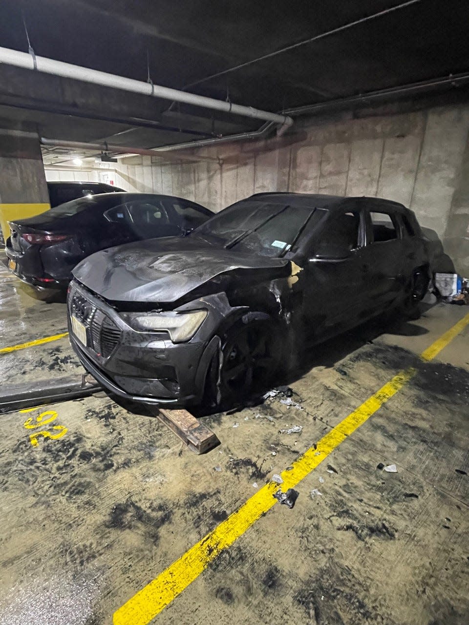 An electric vehicle after a fire was extinguished in Hackensack in March.
