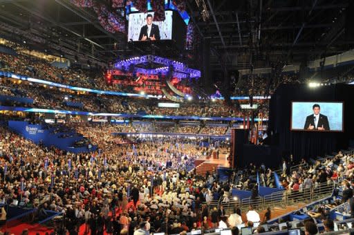 Republican vice presidential nominee Paul Ryan addresses the crowd at the Tampa Bay Times Forum in Tampa, Florida, on August 29, during the Republican National Convention (RNC). Ryan energized Mitt Romney's White House bid with a scathing take-down of Barack Obama's economic record as he accepted the vice presidential nomination