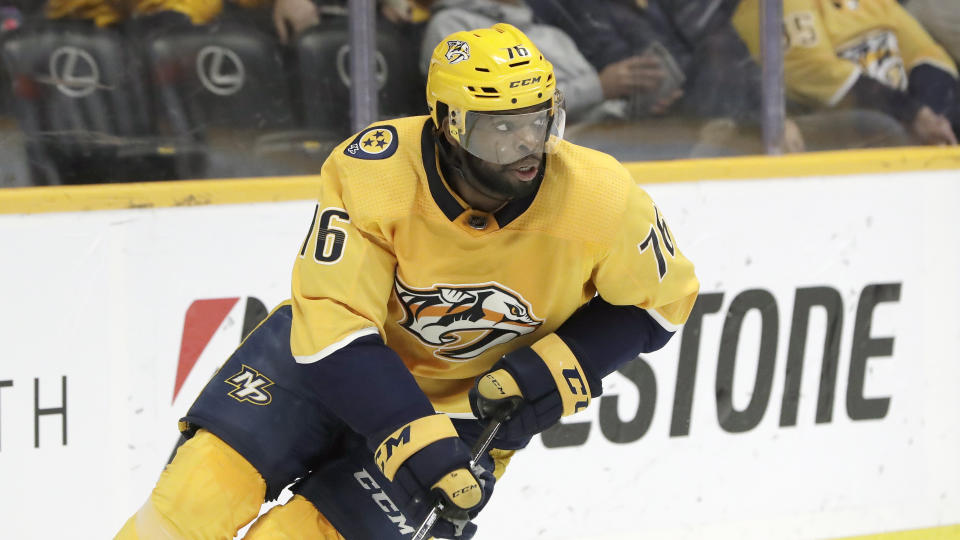 FILE - In this Feb. 25, 2019, file photo, Nashville Predators defenseman P.K. Subban plays in an NHL hockey game in Nashville, Tenn. The Devils are doing all they can to make sure Taylor Hall re-signs long term rather than leaving in free agency next summer. They traded for Subban, drafted Jack Hughes first overall and signed Wayne Simmonds to make significant offseason upgrades. Hall wants to see New Jersey look like a Stanley Cup contender before he commits to anything. (AP Photo/Mark Humphrey, File)