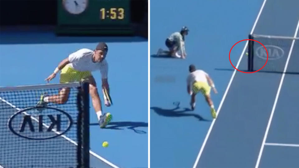 Aussie wild card Alex Bolt hits a shot around the net at the Australian Open.