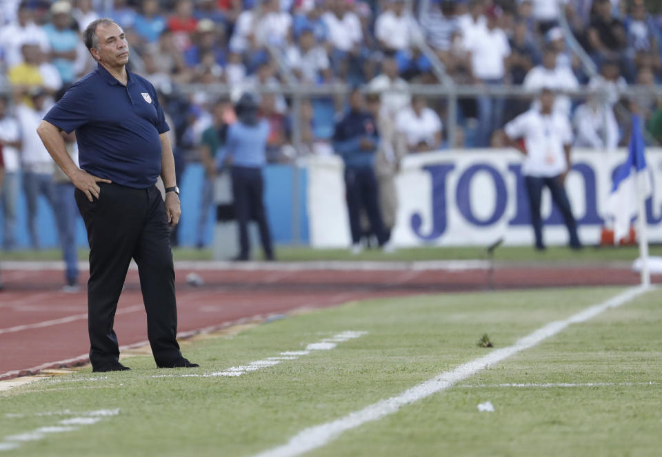 United States coach Bruce Arena stands on the sideline during a 2018 World Cup qualifying soccer match against Honduras in San Pedro Sula, Honduras, Tuesday, Sept. 5, 2017. (AP Photo/Rebecca Blackwell)