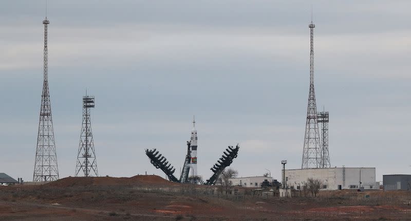 A view shows the Soyuz MS-25 spacecraft on the launchpad shortly before the launch got cancelled, at the Baikonur Cosmodrome