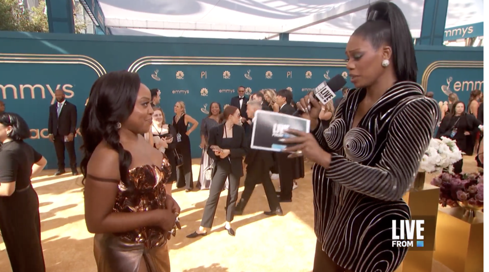 Laverne Cox interviewing Quinta Brunson on the red carpet