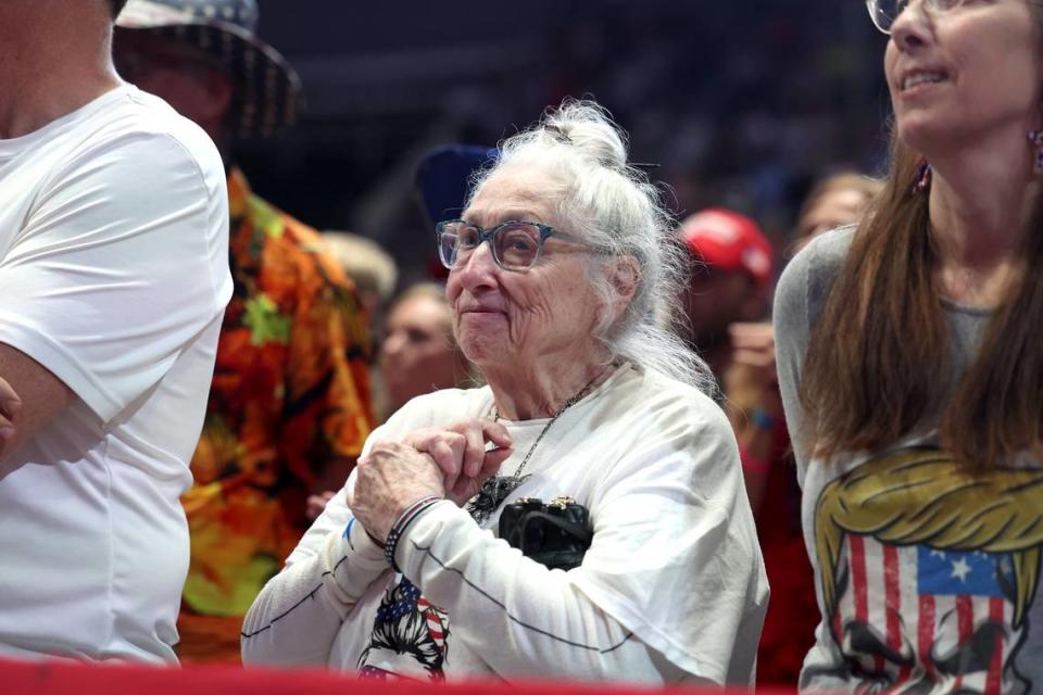 A supporter listens intently as former President Donald Trump speaks during a rally at Bojangles Coliseum in Charlotte, NC on Wednesday, July 24, 2024.