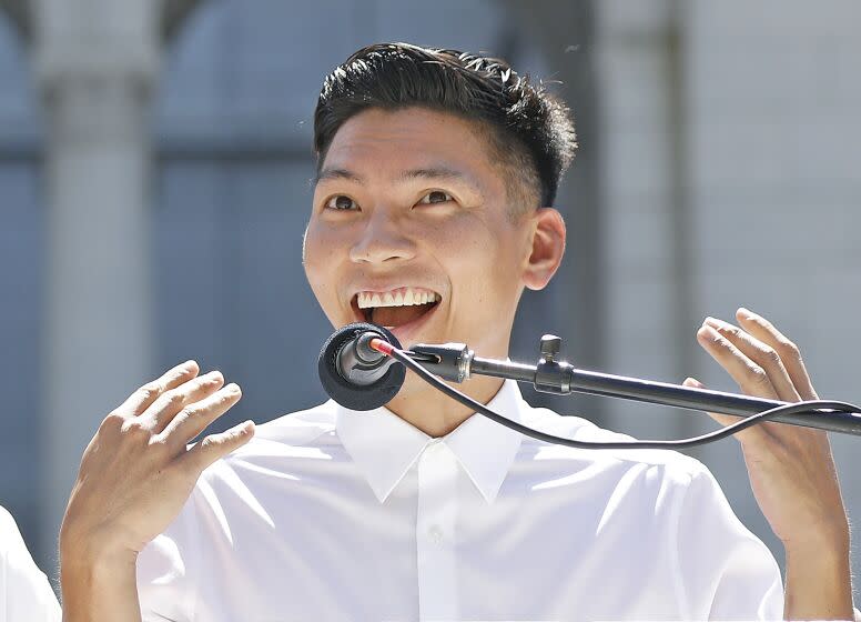 Kenneth Mejia during a campaign event at Grand Park in downtown Los Angeles on Thursday, September 1, 2022.