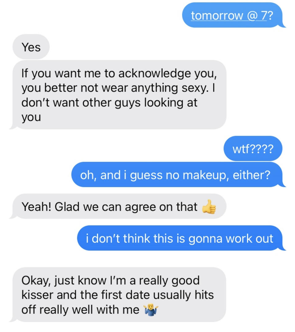 woman saying its not gonna work because the man says not to look sexy or wear makeup