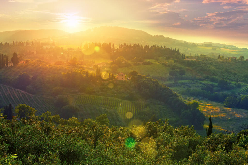 Landscape in Tuscany, Italy at sunset.