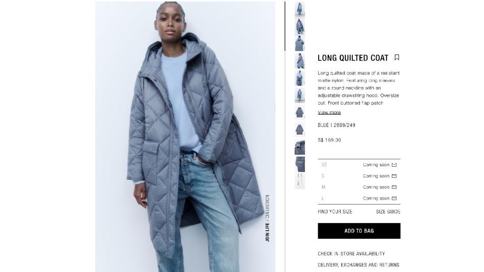 You can get a long quilted padded down coat from Zara for $169. Moneysmart