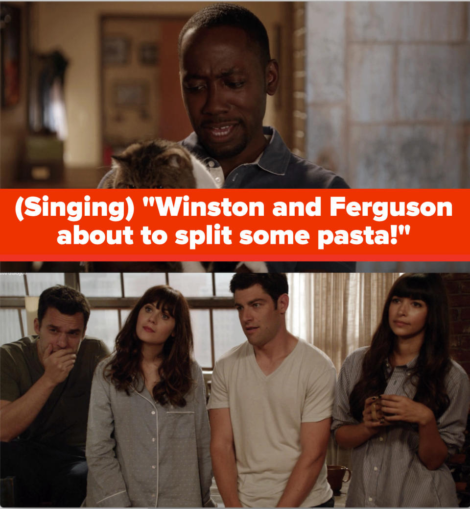 Winston singing "Winston and Ferguson about to split some pasta!"