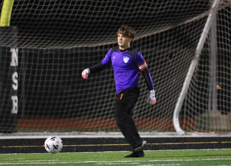 New Smyrna Dylan Dongilli (1) goal keeper looks for someone to be open along the field during Monday night’s game against Spruce Creek November 27th, 2023.