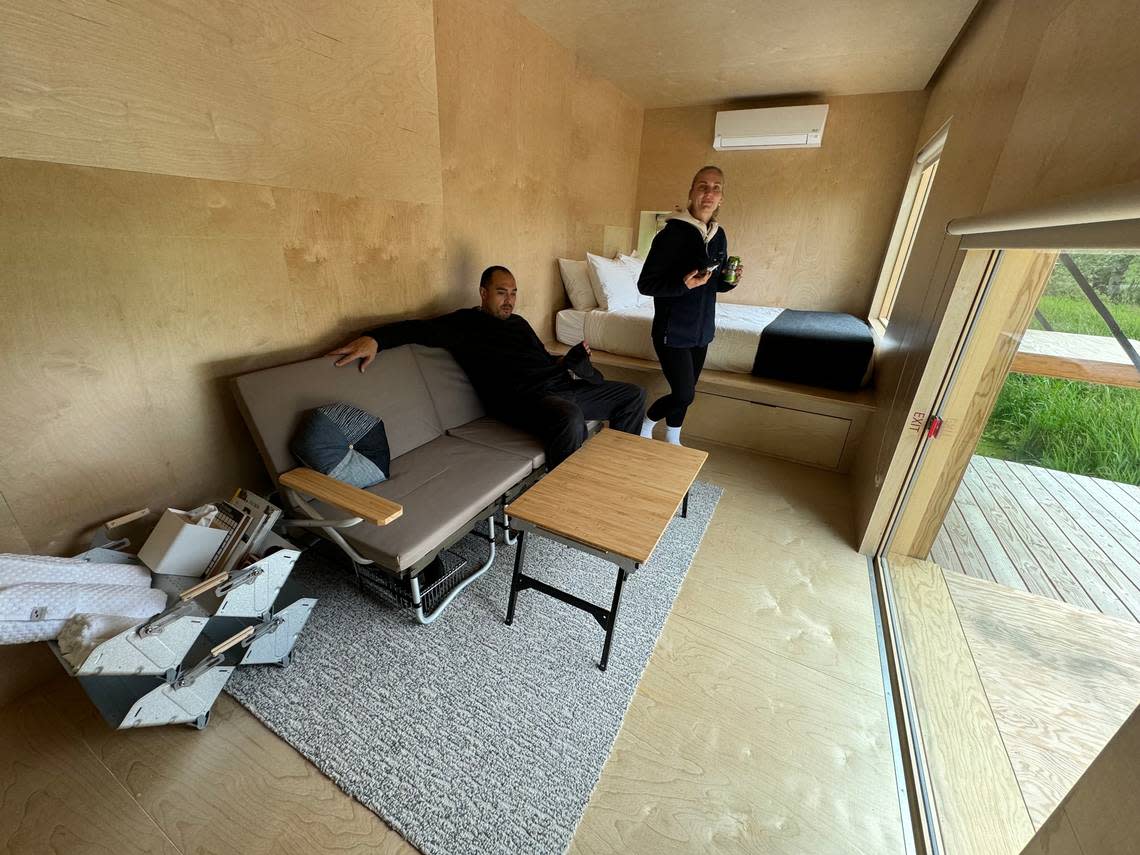 The interior of a jyubako or micro cabin at Snow Peak’s Campfield Long Beach.