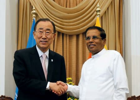 Secretary-General of the United Nations Ban Ki-moon (L) shakes hands with Sri Lanka's President Maithripala Sirisena at their meeting during Ban's three-day official visit, in Colombo, Sri Lanka, September 1, 2016. REUTERS/Dinuka Liyanawatte