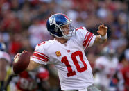 SAN FRANCISCO, CA - NOVEMBER 13: Eli Manning #10 of the New York Giants throws the ball against the San Francisco 49ers at Candlestick Park on November 13, 2011 in San Francisco, California. (Photo by Ezra Shaw/Getty Images)