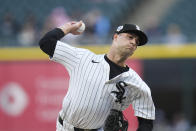 Chicago White Sox starting pitcher Nick Nastrini throws against the Kansas City Royals during the first inning of a baseball game Monday, April 15, 2024, in Chicago. (AP Photo/Erin Hooley)