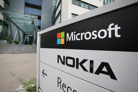 A view of Microsoft and Nokia signs in Peltola, Oulu July 16, 2014. REUTERS/Markku Ruottinen/Lehtikuva