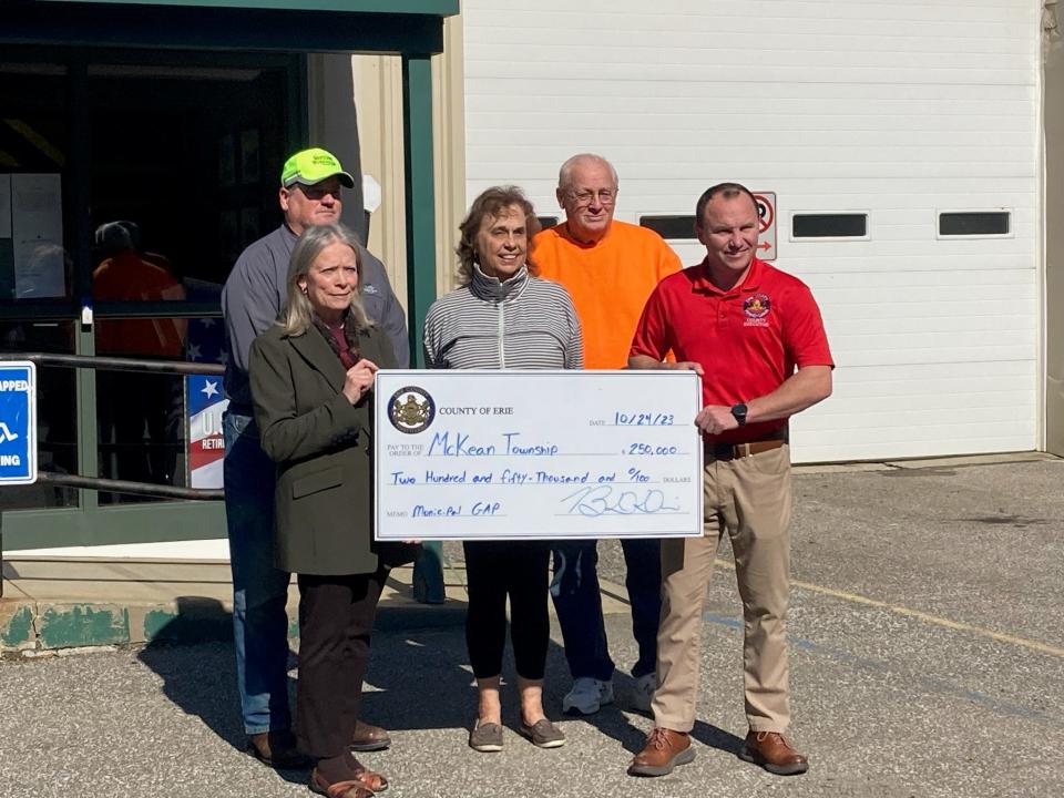 Erie County presented a check of $250,000 to McKean Township on Oct. 24, 2023. From left, are County Councilmember Ellen Schauerman, McKean Township supervisors Brian Cooper, Janice Dennis and Ron Dole, and Erie County Executive Brenton Davis.