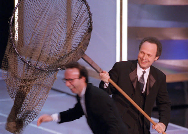 <b>Billy Crystal and the Giant Net</b><br><br> Billy Crystal will have hosted the show nine times by the time credits role later this month and he is without a doubt the best host the Academy has employed. Every year he finds something to do and in this particular year he terrorised the attendants with an over-sized net. Here he tries to capture Roberto Benigni, who won Best Actor the year before.